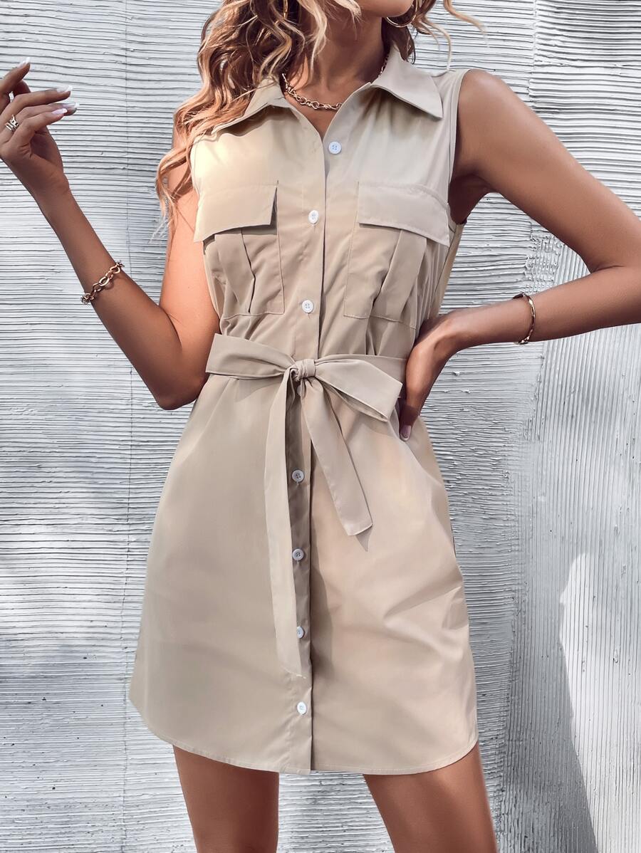 SHEIN LUNE 翻蓋口袋腰帶襯衫連衣裙 - 杏色 - 查看 1