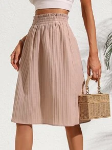SHEIN Clasi Solid Elastic Waist Pleated Skirt - Apricot - View 4