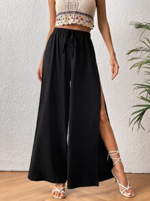 SHEIN VCAY Tie Waist Split Thigh Wide Leg Pants - Black - View 1