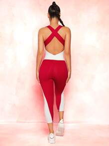 VARSITIE Two Tone Crisscross Backless Sports Jumpsuit - Red and White - View 5