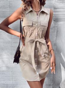 SHEIN LUNE 翻蓋口袋腰帶襯衫連衣裙 - 杏色 - 查看 4