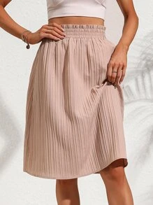 SHEIN Clasi Solid Elastic Waist Pleated Skirt - Apricot - View 5