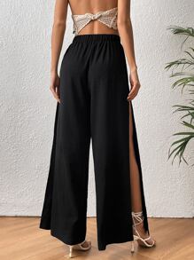 SHEIN VCAY Tie Waist Split Thigh Wide Leg Pants - Black - View 2