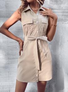 SHEIN LUNE 翻蓋口袋腰帶襯衫連衣裙 - 杏色 - 查看 5