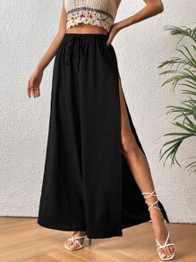 SHEIN VCAY Tie Waist Split Thigh Wide Leg Pants - Black - View 3