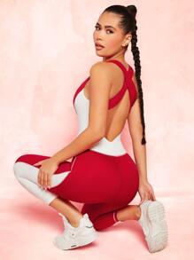 VARSITIE Two Tone Crisscross Backless Sports Jumpsuit - Red and White - View 6
