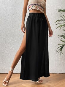 SHEIN VCAY Tie Waist Split Thigh Wide Leg Pants - Black - View 4