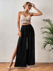 SHEIN VCAY Tie Waist Split Thigh Wide Leg Pants - Black - View 5