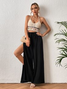 SHEIN VCAY Tie Waist Split Thigh Wide Leg Pants - Black - View 6