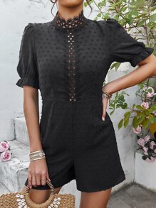 SHEIN Privé Mono de lunares con encaje de manga farol - Negro - Ver 1