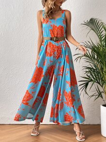 SHEIN VCAY Floral Print Wide Leg Jumpsuit Without Belt - Multicolor - View 3