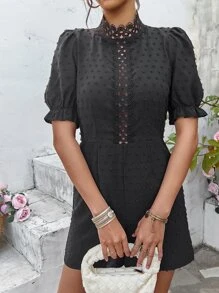 SHEIN Privé Mono de lunares con encaje de manga farol - Negro - Ver 3