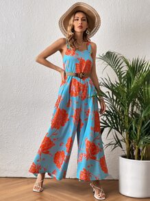 SHEIN VCAY Floral Print Wide Leg Jumpsuit Without Belt - Multicolor - View 6