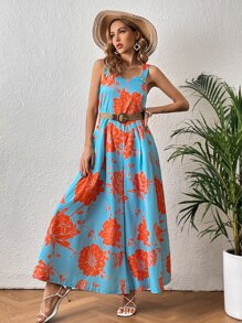 SHEIN VCAY Floral Print Wide Leg Jumpsuit Without Belt - Multicolor - View 7