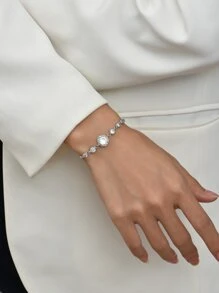 1pc Cubic Zirconia Decor Bracelet, Stainless Steel Jewelry - Silver - View 1