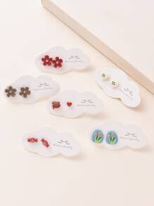 12pcs Flower & Heart Design Stud Earrings - Multicolor - View 1