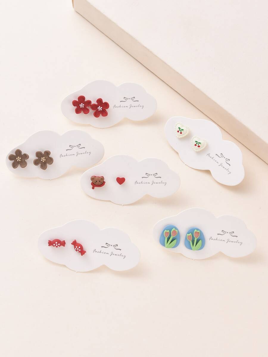 12pcs Flower & Heart Design Stud Earrings - Multicolor - View 1