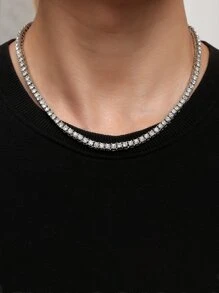 時尚流行男士方晶鋯石裝飾項鍊合金，適合珠寶禮物和時尚外觀 - 銀色 - 查看 1