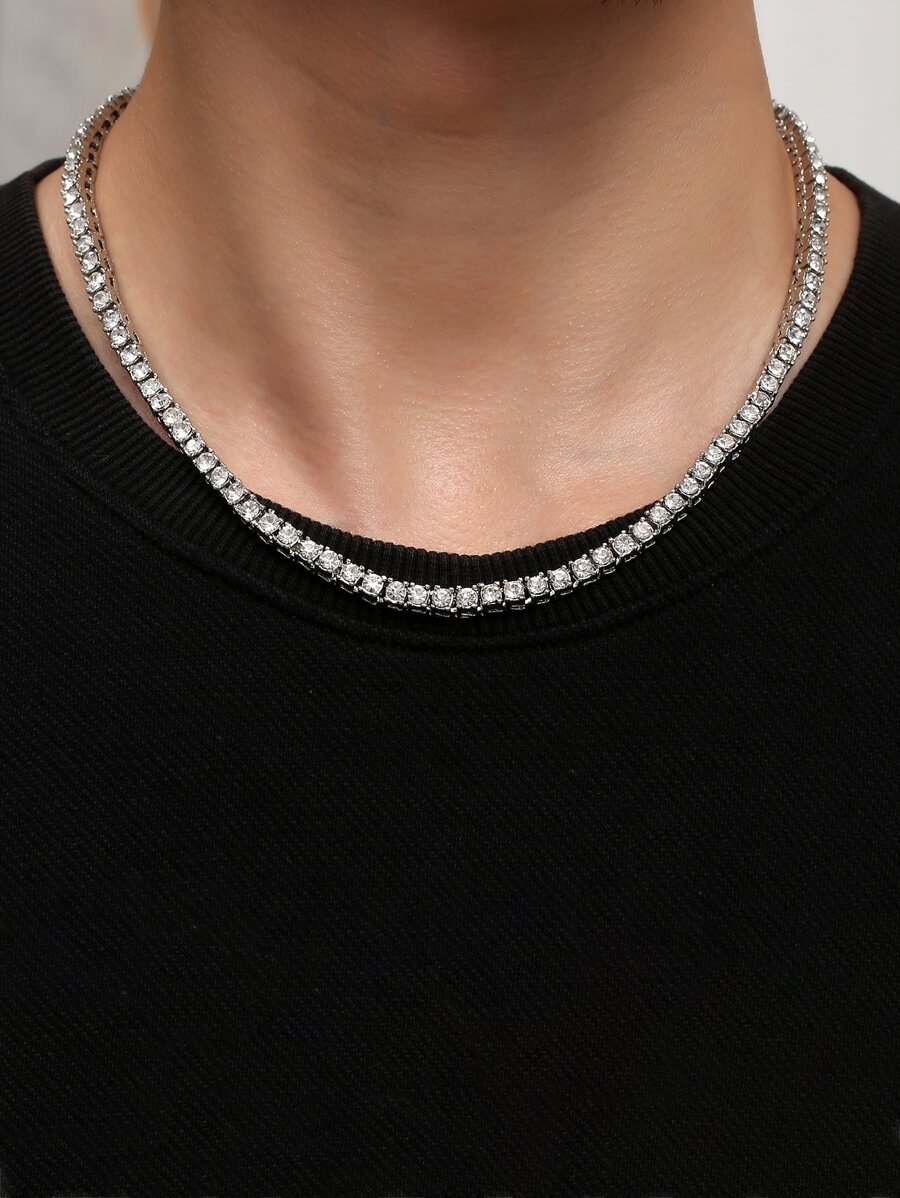 時尚流行男士方晶鋯石裝飾項鍊合金，適合珠寶禮物和時尚外觀 - 銀色 - 查看 1