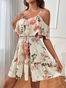 SHEIN Clasi Vestido con estampado floral de hombros descubiertos ribete con fruncido
