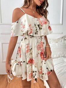 SHEIN Clasi Vestido con estampado floral de hombros descubiertos ribete con fruncido