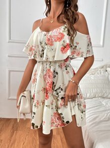 SHEIN Clasi Vestido con estampado floral de hombros descubiertos ribete con fruncido