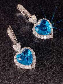 Cubic Zirconia Heart Drop Earrings - Blue - View 1