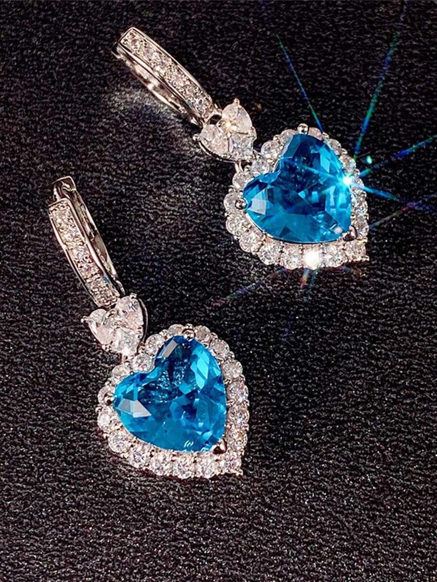 Cubic Zirconia Heart Drop Earrings - Blue - View 1