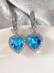 Cubic Zirconia Heart Drop Earrings - Blue - View 2