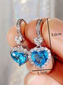 Cubic Zirconia Heart Drop Earrings - Blue - View 3
