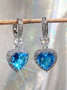 Cubic Zirconia Heart Drop Earrings - Blue - View 4