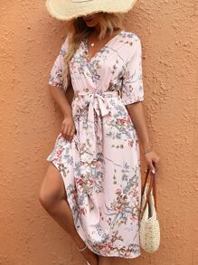 Breezaya Floral Print Belted Dress - Baby Pink - View 1