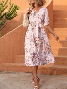 Breezaya Floral Print Belted Dress - Baby Pink - View 4