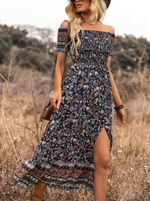 SHEIN Holidaya Floral & Paisley Print Off Shoulder Split Thigh Dress - Navy Blue - View 1