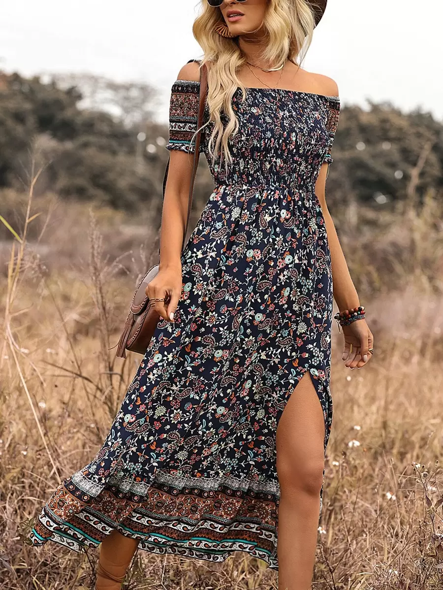 SHEIN Holidaya Floral & Paisley Print Off Shoulder Split Thigh Dress - Navy Blue - View 1
