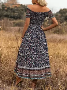 SHEIN Holidaya Floral & Paisley Print Off Shoulder Split Thigh Dress - Navy Blue - View 2