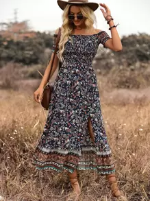 SHEIN Holidaya Floral & Paisley Print Off Shoulder Split Thigh Dress - Navy Blue - View 3