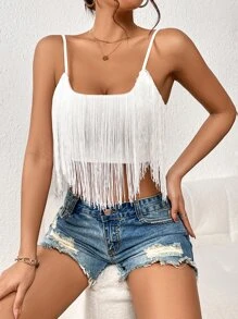 SHEIN Unity Solid Fringe Trim Cami Top - White - View 5