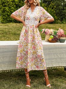 SHEIN VCAY Floral Print Guipure Lace Insert Butterfly Sleeve Dress - White - View 4