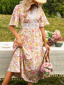 SHEIN VCAY Floral Print Guipure Lace Insert Butterfly Sleeve Dress - White - View 1