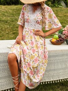 SHEIN VCAY Floral Print Guipure Lace Insert Butterfly Sleeve Dress - White - View 6