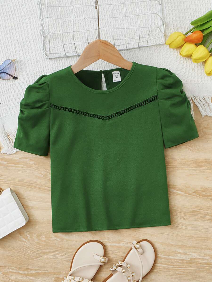 SHEIN Chicas Blusa de manga farol con encaje - Verde - Ver 1