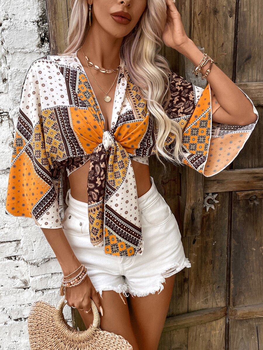 Breezaya Paisley Scarf Print Tie Front Crop Top - Orange - View 1