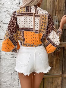 Breezaya Paisley Scarf Print Tie Front Crop Top - Orange - View 2