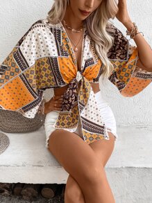 Breezaya Paisley Scarf Print Tie Front Crop Top - Orange - View 3