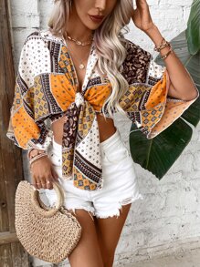 Breezaya Paisley Scarf Print Tie Front Crop Top - Orange - View 5