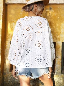 GENKIRA 網眼刺繡燈籠袖襯衫 - 白色 - 查看 2