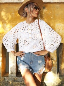 GENKIRA 網眼刺繡燈籠袖襯衫 - 白色 - 查看 3