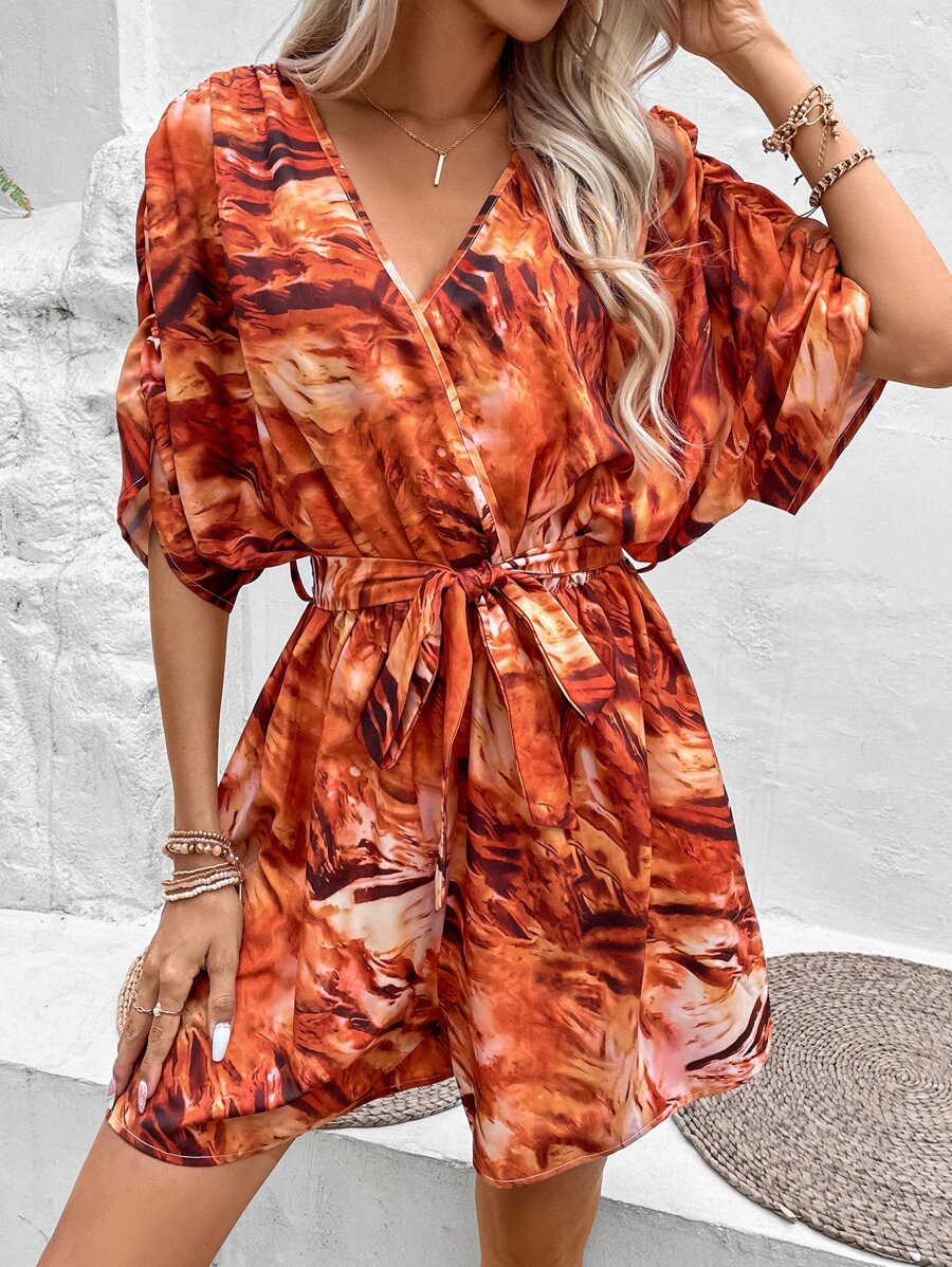 SHEIN VCAY Allover Print Batwing Sleeve Belted Romper - Orange - View 1