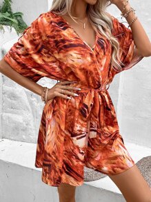 SHEIN VCAY Allover Print Batwing Sleeve Belted Romper - Orange - View 5
